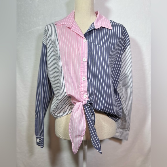 No Frills Button Down Shirt Tie Front Size M Color Block Striped - Picture 2 of 6